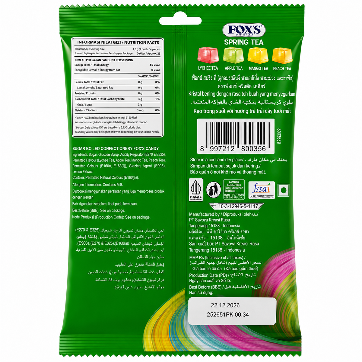 FOX’S Crystal Clear Spring Tea Candy 90g | Lychee, Apple, Mango & Peach Tea Flavors