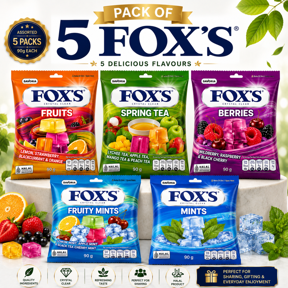 FOX’S Crystal Clear Candy Pack of 5 – Fruits, Spring Tea, Berries, Fruity Mints & Mints