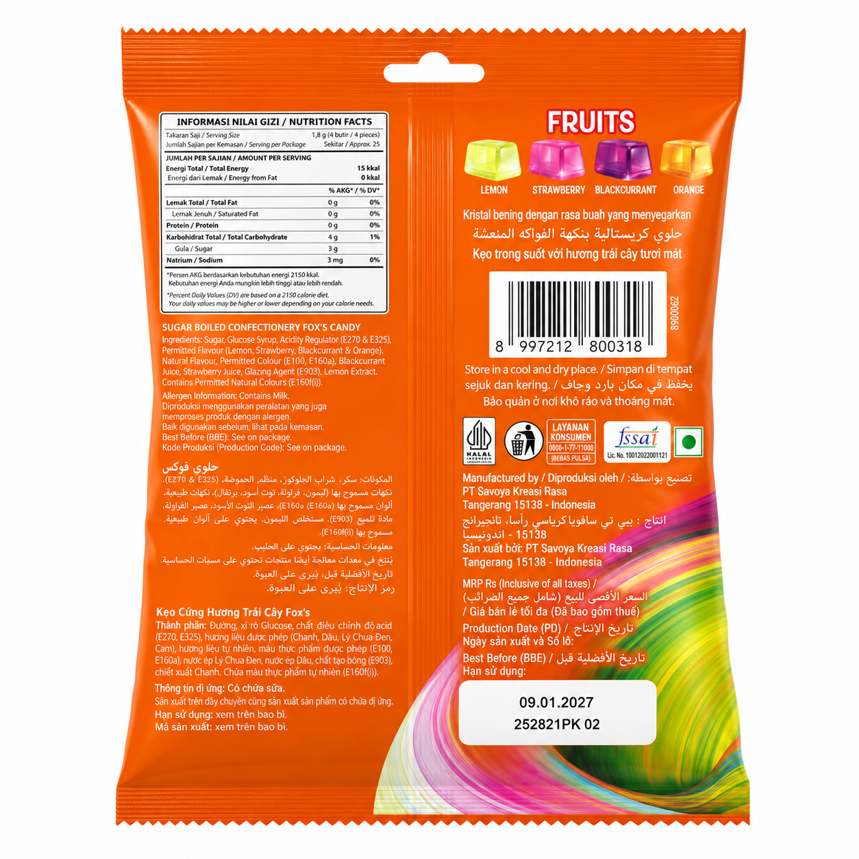 FOX’S Fruits Crystal Clear Candy 90g – Lemon, Strawberry, Blackcurrant & Orange