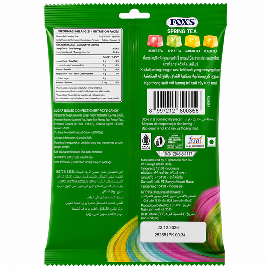 FOX’S Crystal Clear Spring Tea Candy 90g | Lychee, Apple, Mango & Peach Tea Flavors
