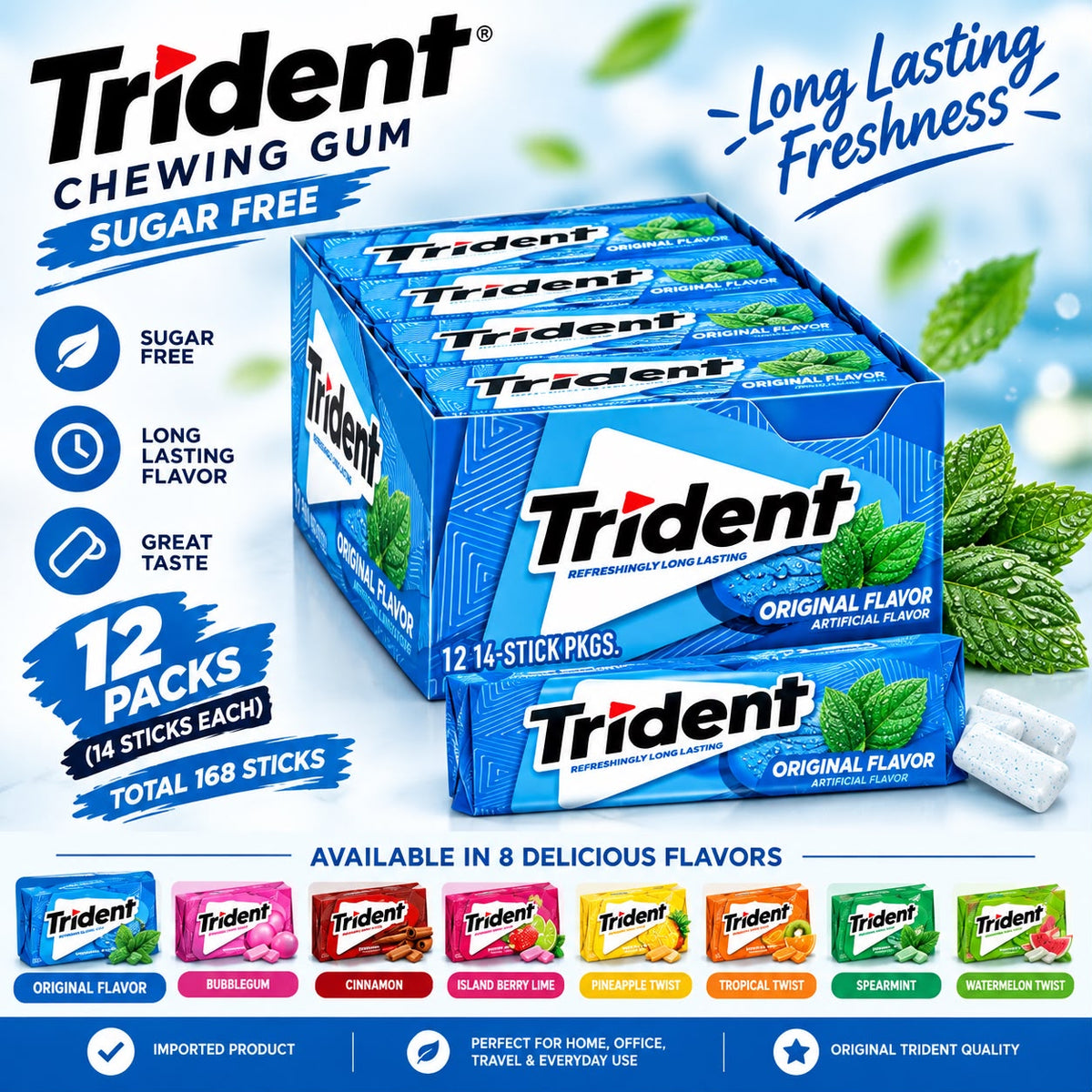 Trident Sugar Free Chewing Gum – 12 Packs × 14 Sticks (168 Sticks) | Multiple Flavors