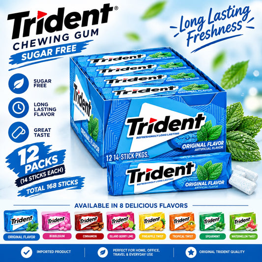 Trident Sugar Free Chewing Gum – 12 Packs × 14 Sticks (168 Sticks) | Multiple Flavors
