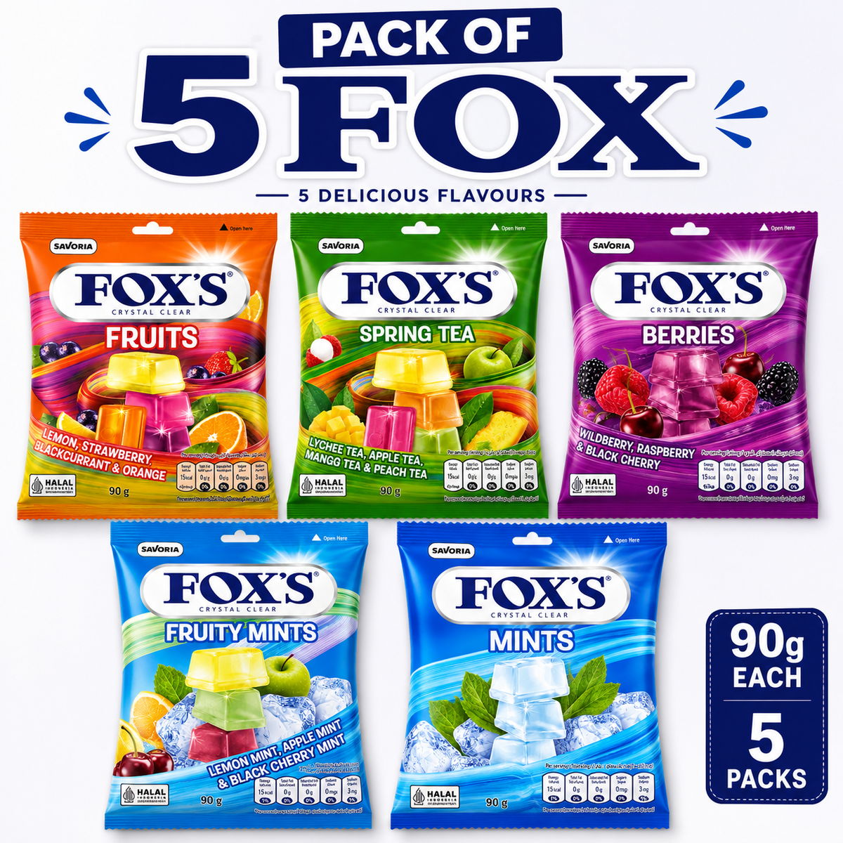 FOX’S Crystal Clear Candy Pack of 5 – Fruits, Spring Tea, Berries, Fruity Mints & Mints