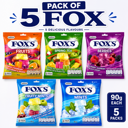 FOX’S Crystal Clear Candy Pack of 5 – Fruits, Spring Tea, Berries, Fruity Mints & Mints