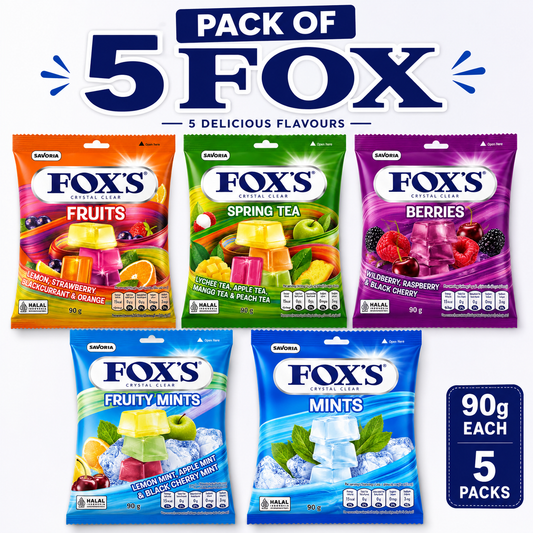 FOX’S Crystal Clear Candy Pack of 5 – Fruits, Spring Tea, Berries, Fruity Mints & Mints