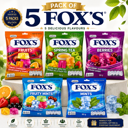 FOX’S Crystal Clear Candy Pack of 5 – Fruits, Spring Tea, Berries, Fruity Mints & Mints