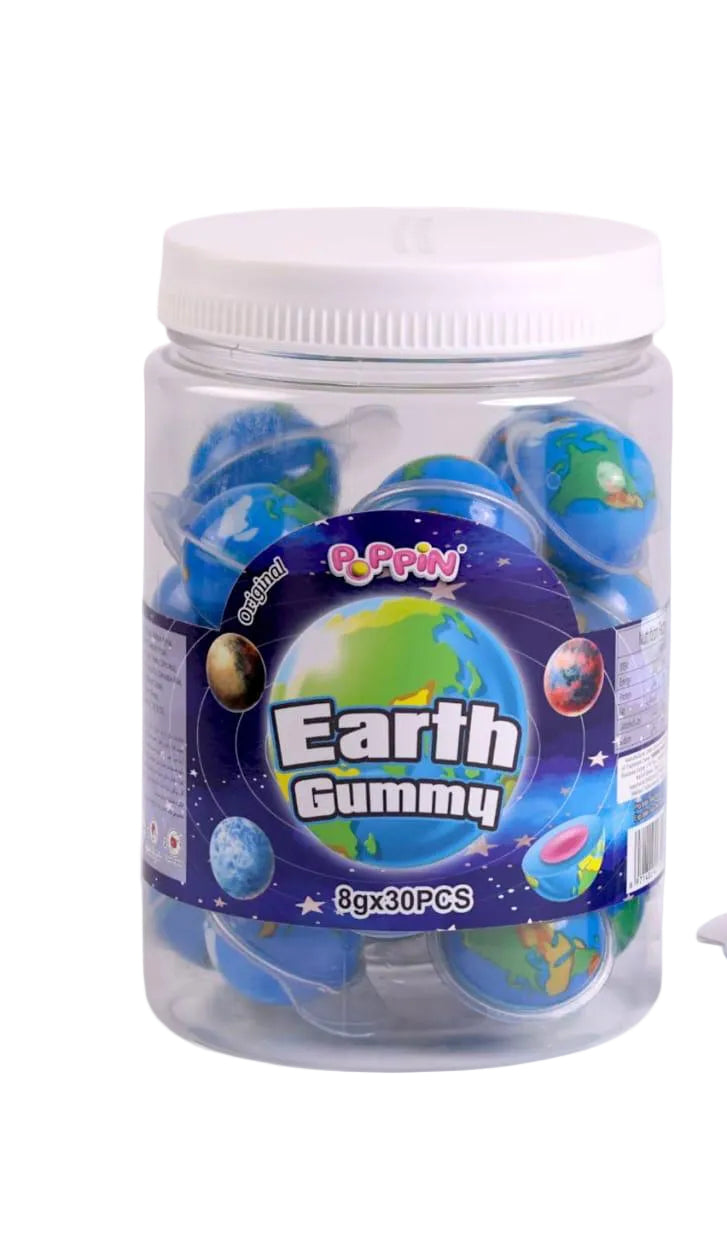 A clear plastic jar of Earth Gummy candies with a white lid and a blue space-themed label, shown on a white background with two gummies outside the jar.