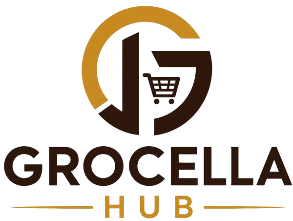 A logo-style graphic for Grocella Hub on a white background, featuring a circular emblem with a shopping cart icon and the words 'GROCELLA HUB' in dark brown and gold, plus the tagline 'QUALITY YOU TRUST, BRANDS YOU LOVE' and five stars.