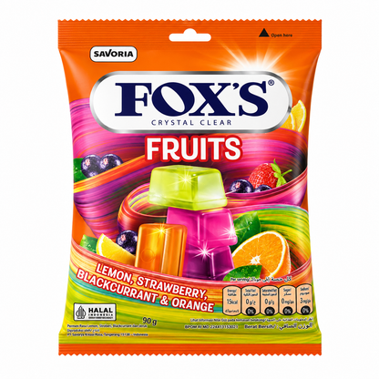 FOX’S Fruits Crystal Clear Candy 90g – Lemon, Strawberry, Blackcurrant & Orange